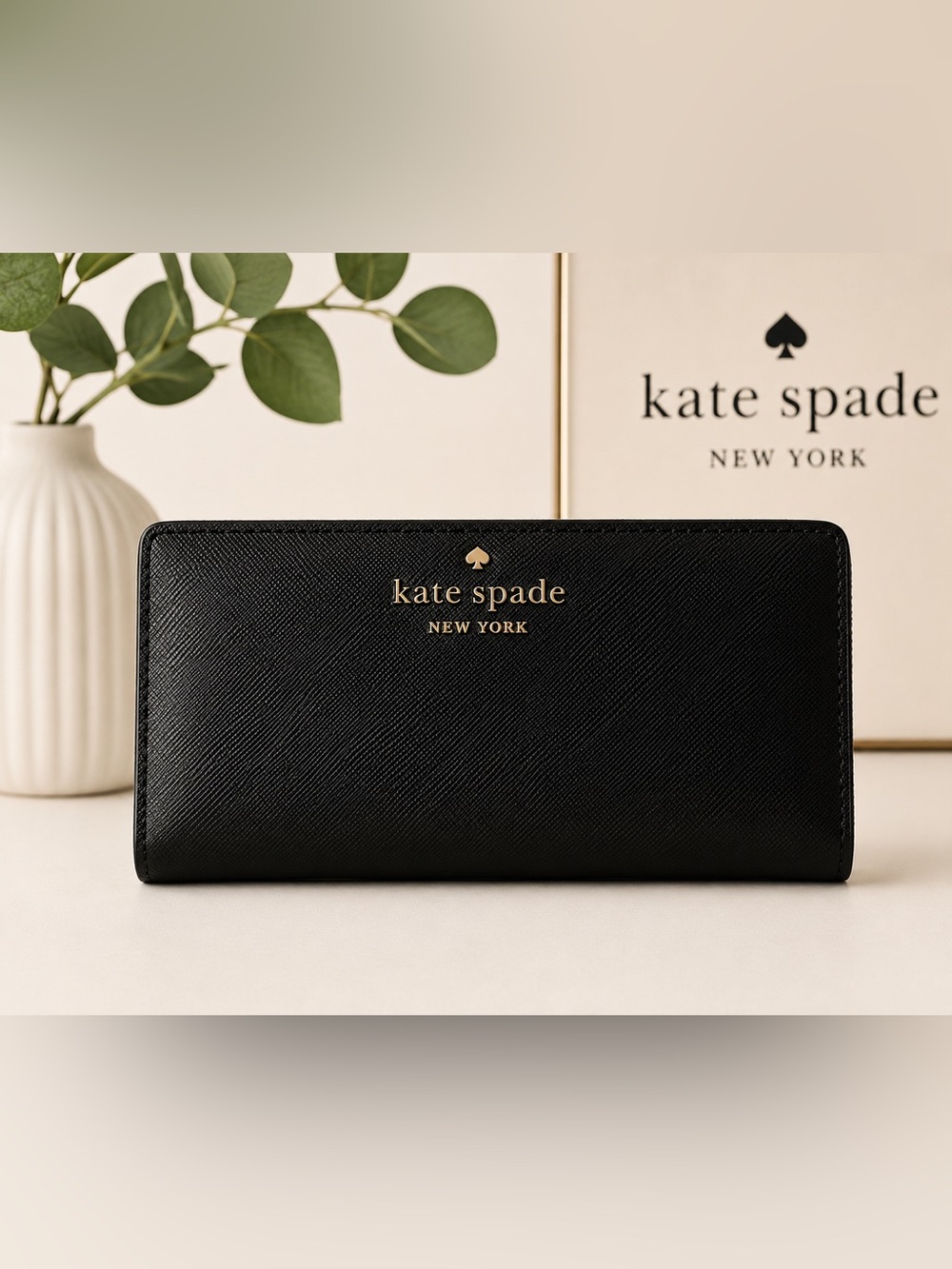 kate spade Black Saffiano Leather Zip-Around Wallet with Gold Logo